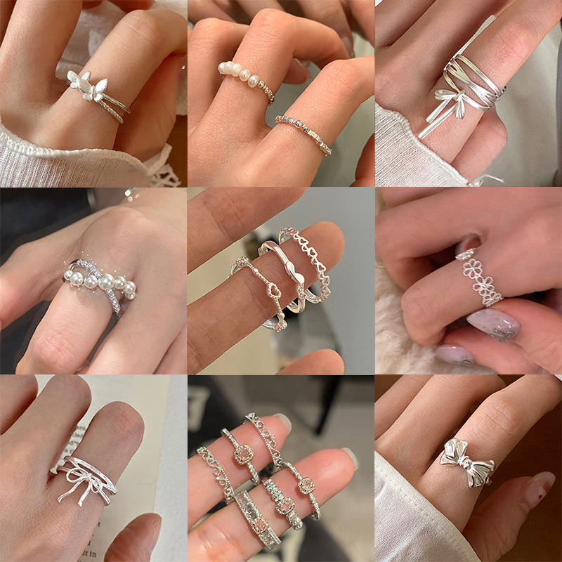 复古银色蝴蝶结爱心花朵珍珠开口戒指简约食指戒百搭高级感手饰女