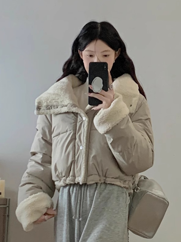 学院风翻领外套女韩版仿羊羔毛羽绒棉服宽松双面穿面包服外搭棉衣|undefined