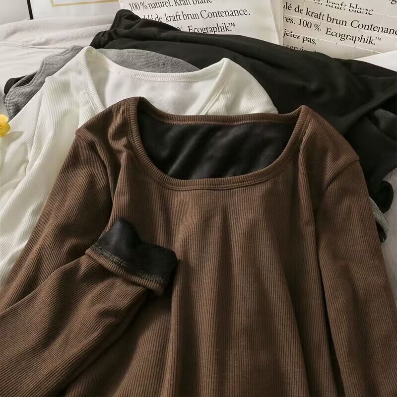 Winter plus size warm round neck long sleeve T-shirt bottoming shirt top fleece-lined thickened inner wear slim thermal underwear