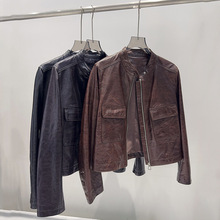“迷雾荆棘”欧货2025秋真皮油蜡绵羊皮皮衣短款皮夹克外套女新款