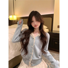 温柔蓝色蕾丝拼接连帽针织开衫女秋冬季高级感毛衣外套超好看上衣