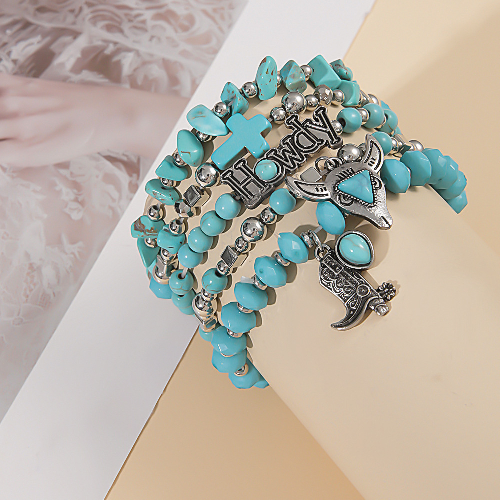 49g Weight Alloy Pendant Material Bracelets Classification Beaded, Turquoise Chain Material 1 Set Quantity Daily Occasion Beaded, Alloy, turquoise Material Cross, Cattle, Boots Pattern Women's Gender Retro Style Retro Cross Cattle Boots Beaded Alloy Turquoise  Beaded Bracelets Wholesale 12