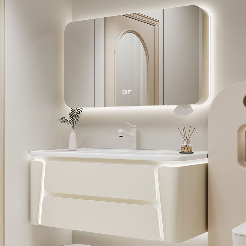 New Simple and Stylish Cream-Style Smart Solid Wood Bathroom Cabinet Combination with Washbasin New Simple and Stylish Cream-Style Smart Solid Wood Bathroom Cabinet Combination with Washbasin