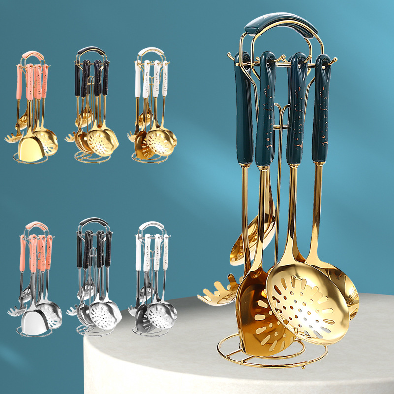 Nórdico engrosada cuchara de sopa de acero inoxidable colador olla pala cerámica utensilios de cocina de siete piezas Set de regalo