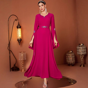 Zf3068 Rose Red Slit Sleeves V Neck Hand-Sewn Diamond Turkish Robe Dress