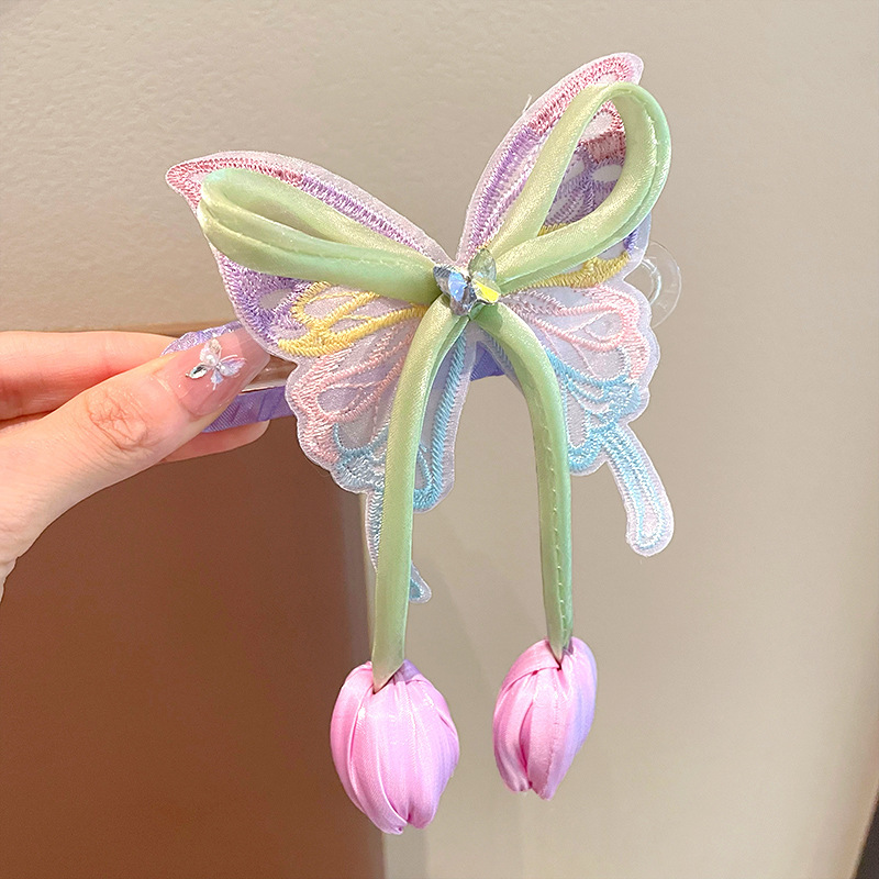 Nuevo niño súper hada tulipán mariposa placa artefacto horquilla parte posterior de la cabeza clip de cola de caballo niña princesa accesorios para el cabello estilo occidental
