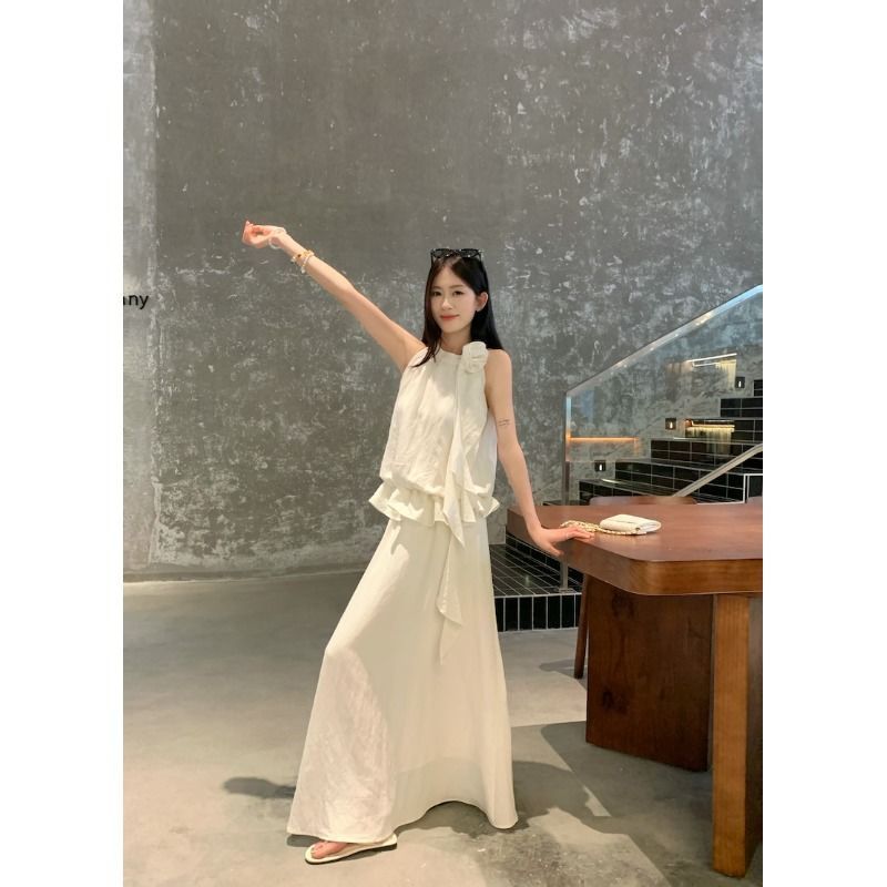 韩系温柔风套装女夏季2025新款挂脖无袖上衣垂感大摆半身裙两件套|undefined