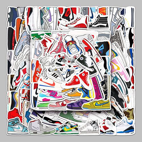 84 non-repeating cartoons of trendy sneakers, suitcases, graffiti trolley cases, notebooks, scooters, self-adhesive stickers