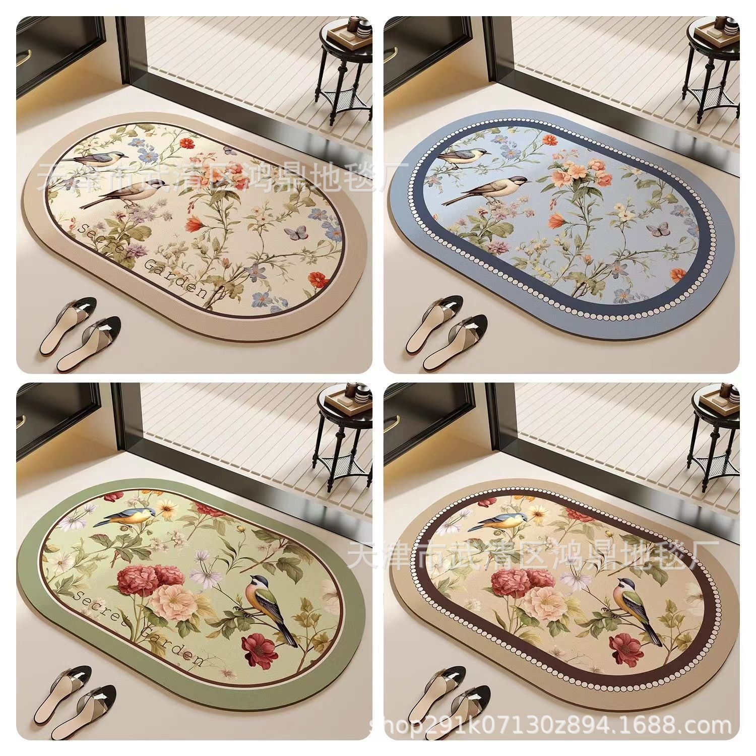 Antique Flower and Bird Bathroom Floor Mat Diatom Mud Absorbent Quick-drying Toilet Toilet Door Non-slip Foot Mat No-care