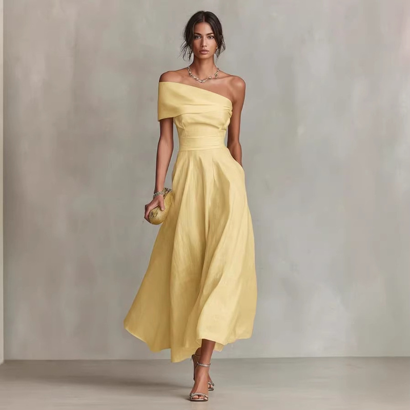 Amazon 2026 European and American Cross-Border Foreign Trade New Solid Color Waist-Cinching One-Shoulder Backless Elegant Women's Dress