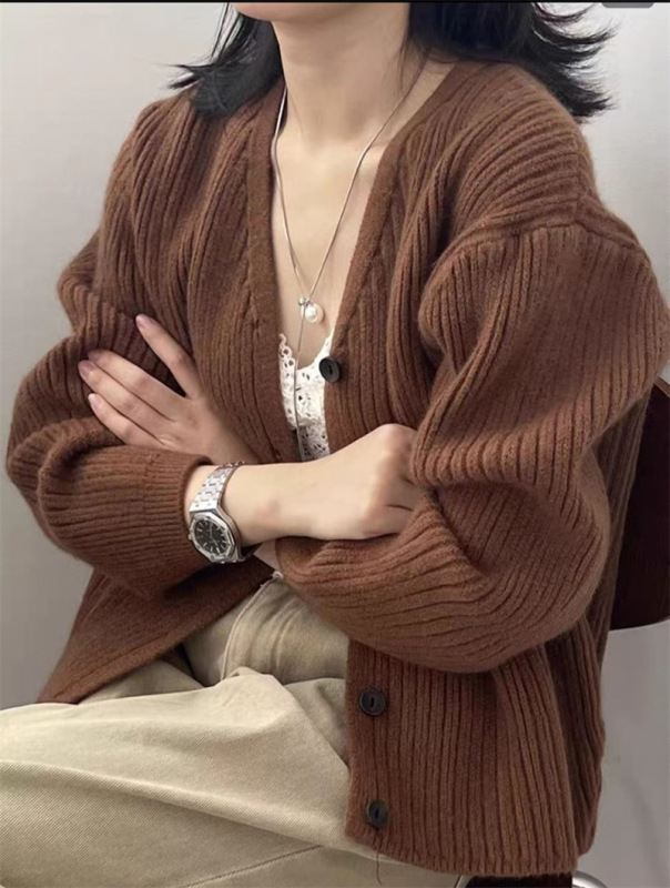 慵懒风休闲韩系坑条单排扣针织开衫女秋冬新款外搭软糯毛衣外套潮|undefined