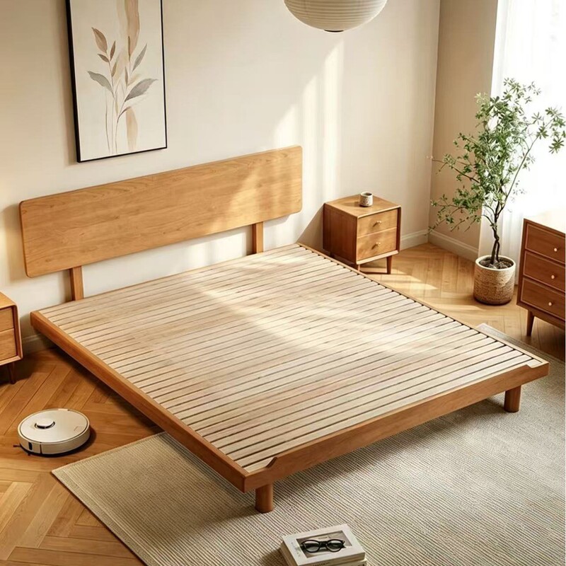 Cherry wood solid wood bed for small homes, flush-edge master bedroom double bed, Nordic minimalist design, adjustable thin headboard