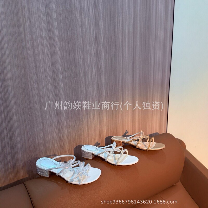 Rc Same Style Branded Butterfly Rhinestone Chunky Heel Sandals for Women, Summer Outdoor High-Heeled Shoes, Light Luxury Socialite Floral New Model