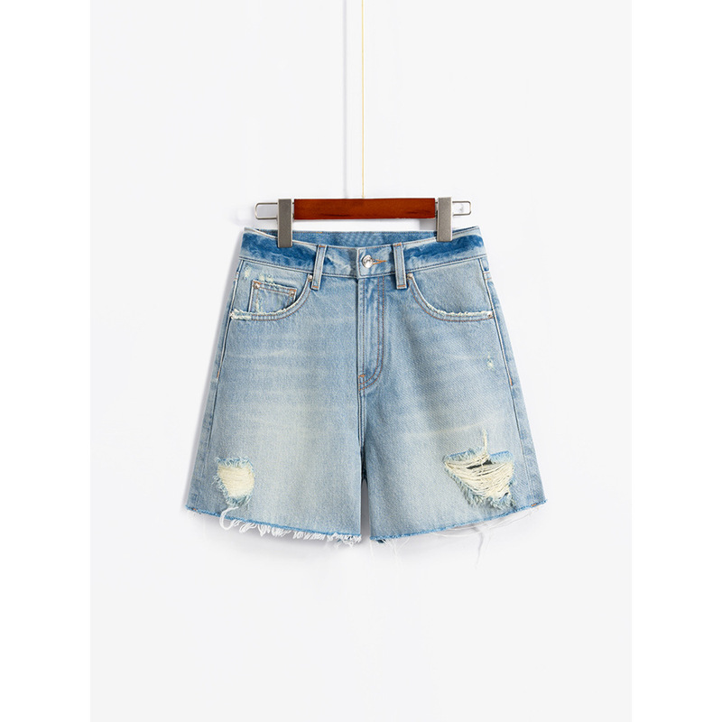 Great Fit! 2026 Summer Light Blue Frayed Ripped Denim Shorts, Slimming and Leg-Lengthening, New Casual Style 752