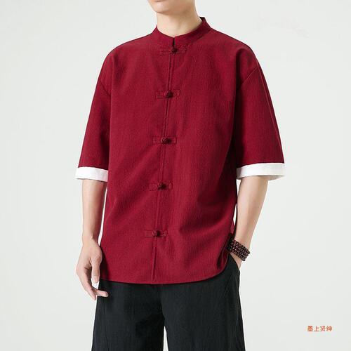 Summer Chinese-style menswear linen buttoned short-sleeve shirt mens five-sleeve Tang suit ancient style cotton linen Hanfu Zhongshan suit