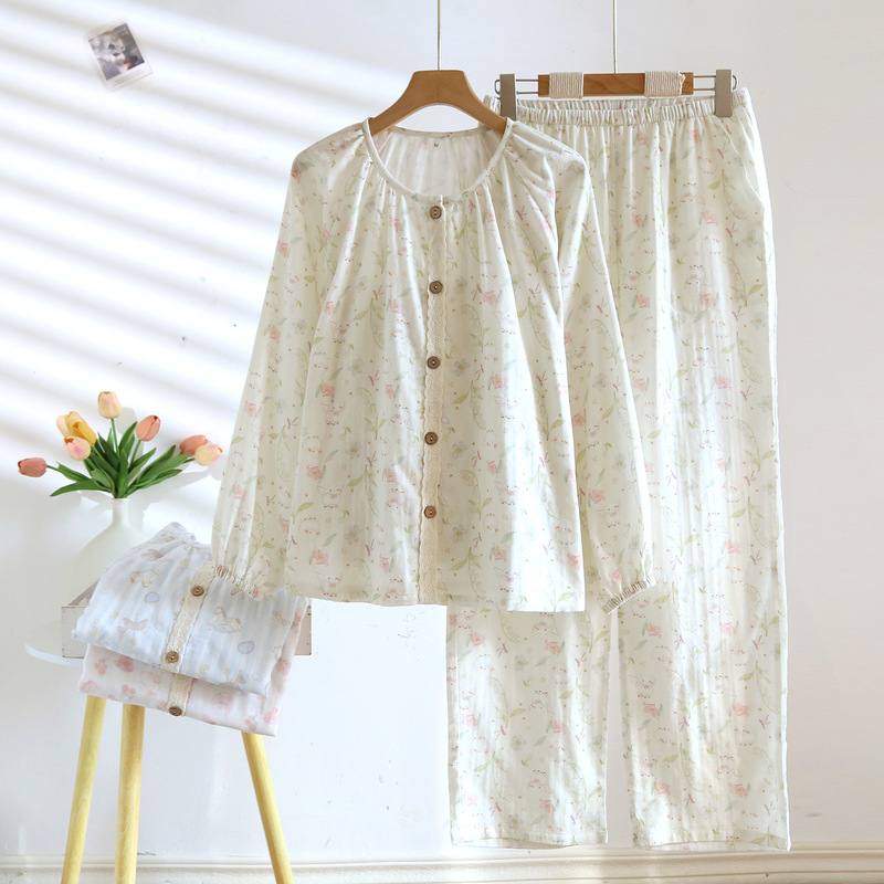 Spring and Summer Round-Neck Double-Layer Cotton Gauze Thin Pajamas for Women, Pure Cotton Breathable Long-Sleeved Trousers, Casual Home Wear Set