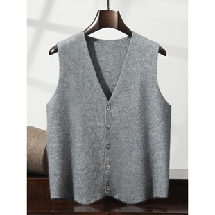 Autumn and Winter Thickened Cashmere Vest Men's V-neck Sleeveless Knitted Cardigan Middle-aged and Elderly Business Casual Buckle Waistcoat Vest
