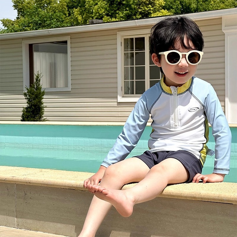 儿童泳衣男童夏季新款分体长袖防晒泳装中小童男孩度假速干游泳衣|undefined