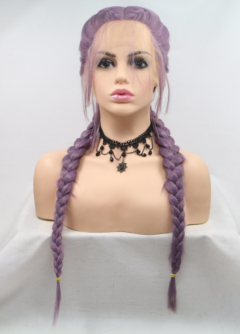 Fibra química europea y americana frente encaje cubierta de pelo de trenza púrpura peluca fabricantes LW0259