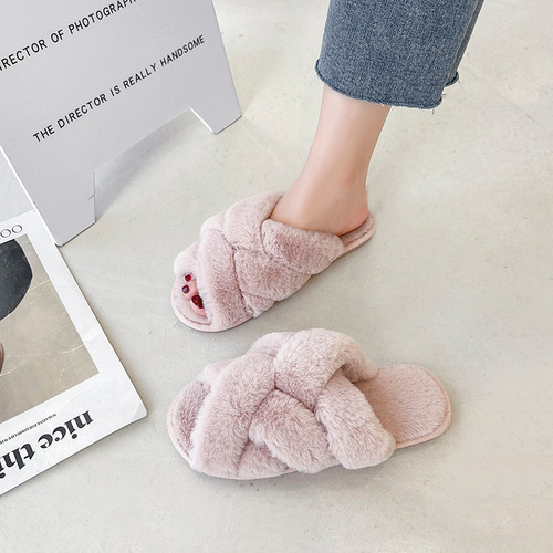 Mesh Cross Fur Slippers Women's Winter Foreign Trade Amazon Large Size Plush Flat Floor Slippers Open Toe Warm Cotton Slippers