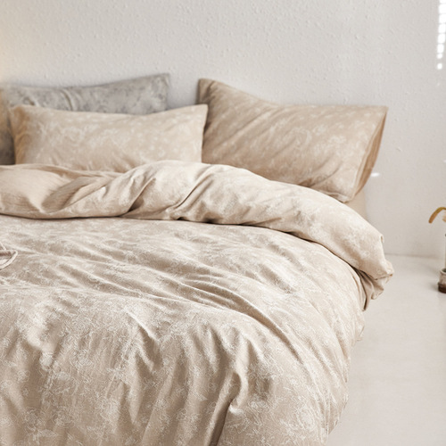 Solid color jacquard style cotton four-piece set_embossed pure cotton soft Nordic style simple quilt cover bed sheet
