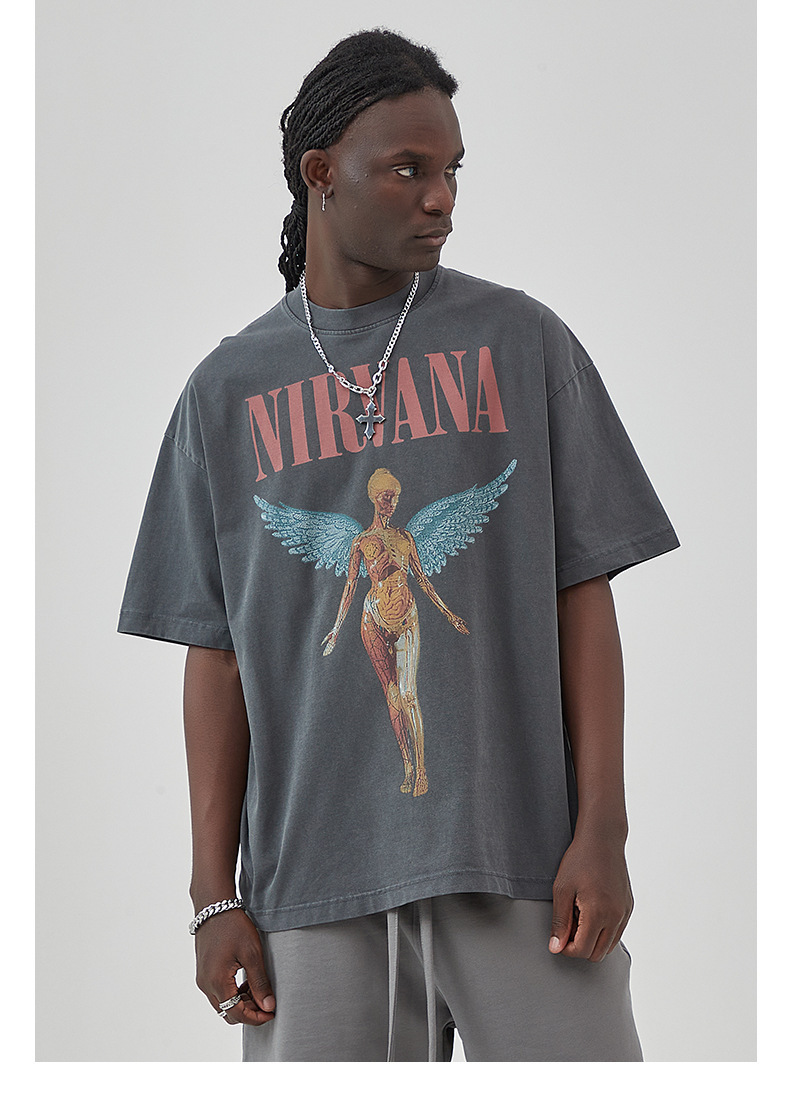 Erkek Yeni Yıkama Eski Rock Grubu Baskılı Kısa Kollu Sokak Modası Marka Yuvarlak Yaka Tişört_voghion.com