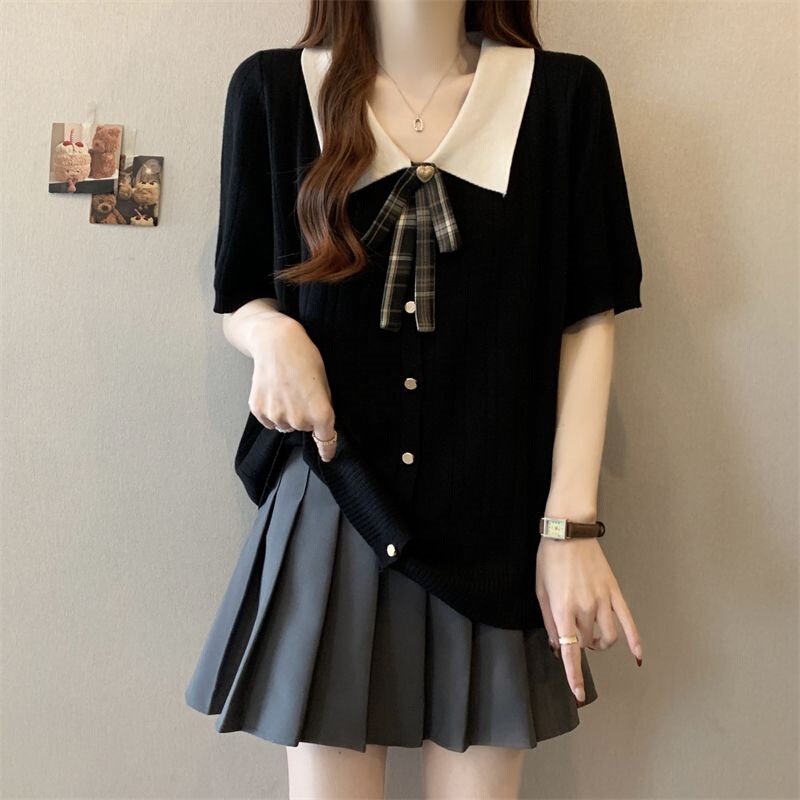 Trendy Color-Blocked Blouse with Tie-Up Doll Collar, Chanel-Style Top, Plus Size, Ice Silk Short-Sleeve T-Shirt for Women, Summer 2020 Trendy Color-Blocked Blouse with Tie-Up Doll Collar, Chanel-Style Top, Plus Size, Ice Silk Short-Sleeve T-Shirt for Women, Summer 2020