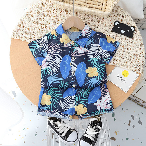 Boys Fashion Summer Suit  Boys Summer New Outing Beach Wear Shirt Printed Short Sleeve Two-piece Set