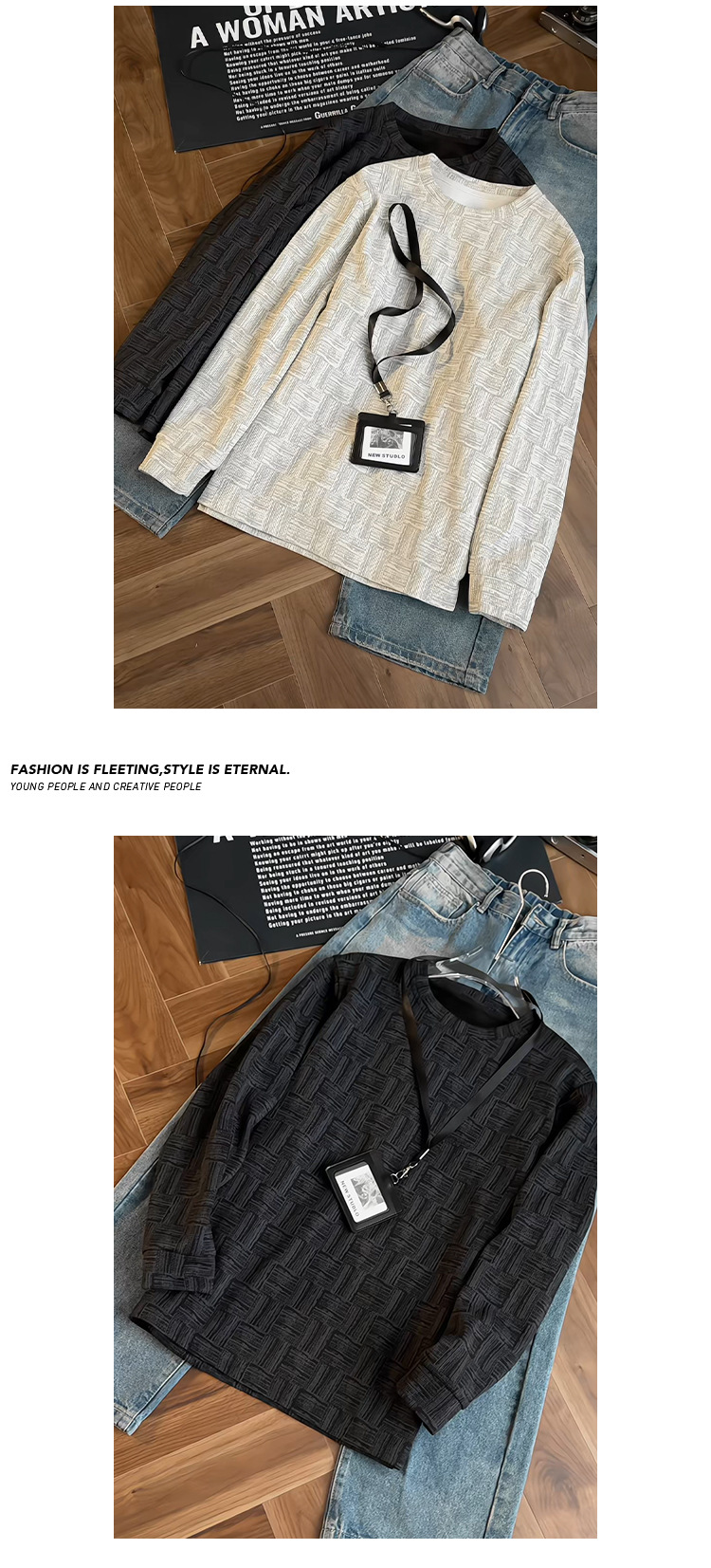 Strukturerad rutig herrtröja långärmad t-shirt_voghion.com