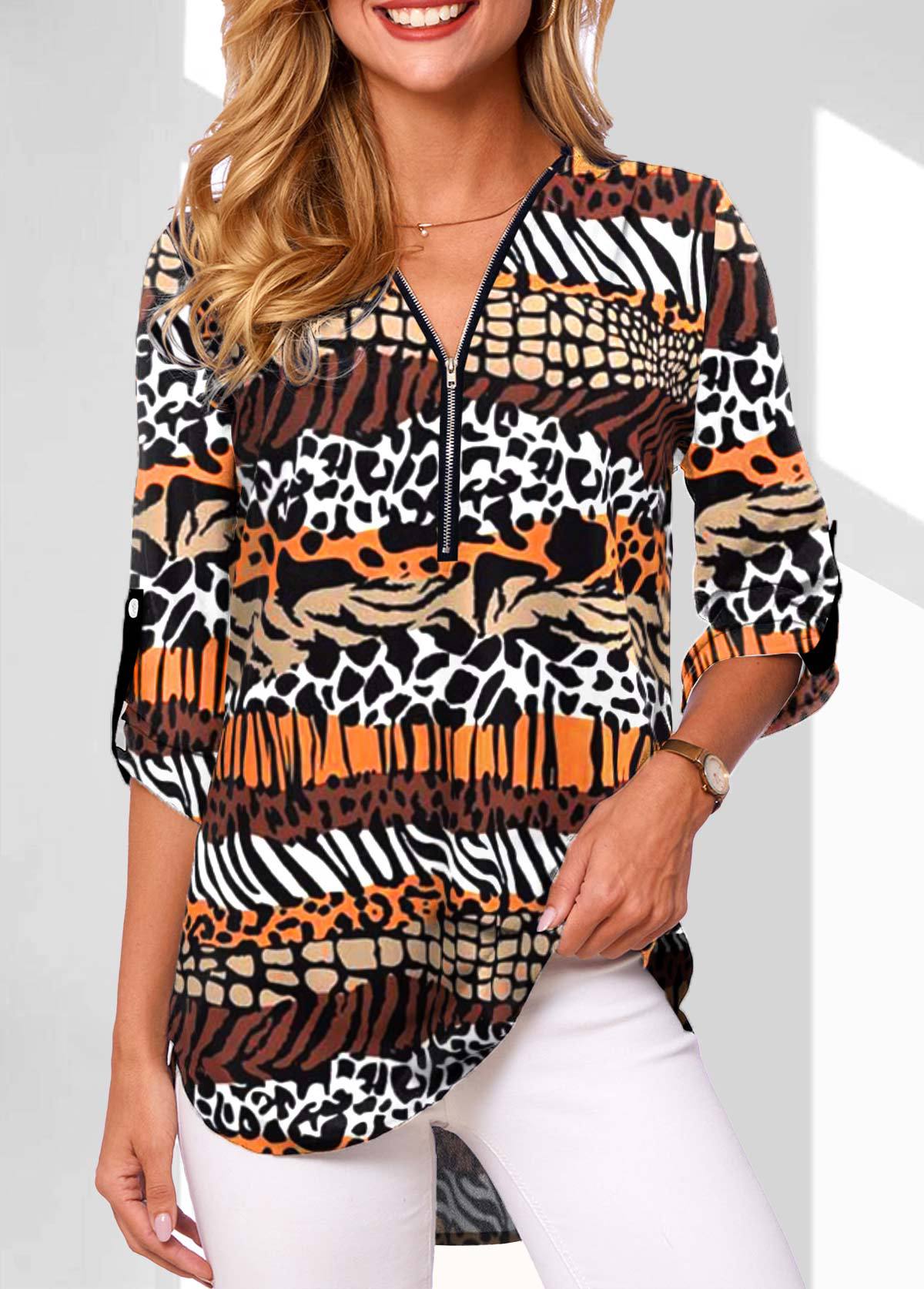 bestseller: European American Style V-neck Zippered Plus-size Women's Long-sleeve Shirt With Rollable_ecoleips.com