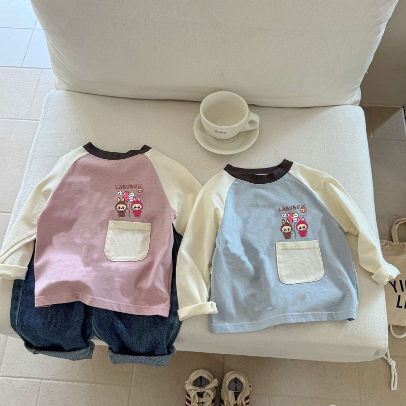 纯棉新款儿童撞色长袖卡通口袋拉布布男女童洋气T恤印花小童上衣|undefined