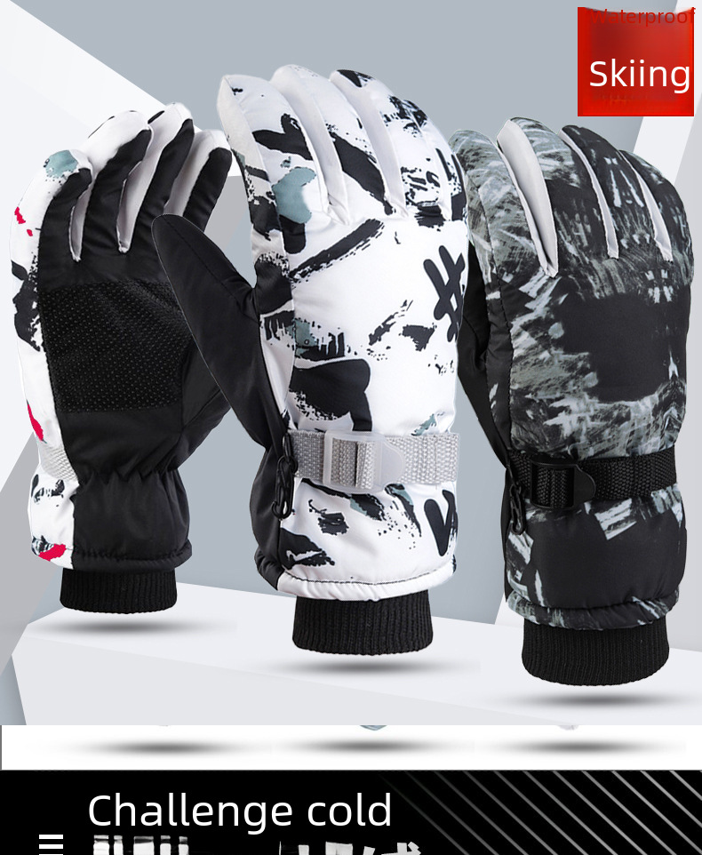 Winter Men's and Women's Cold-proof Fleece-lined Thickened Cotton Waterproof Non-slip Warm Riding Outdoor White Graffiti Ski Gloves_maomaolike.com