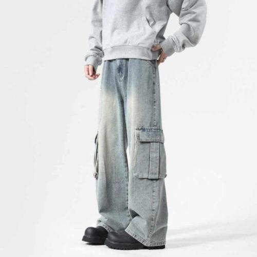 American Wide Leg Workwear Jeans for Men - Autumn Trend Brand Loose Washed Casual Pants with Large Pockets - Straight Leg Floor-Length Trousers