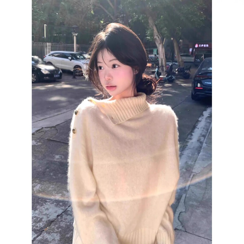 White Top French Lazy Style Imitation Mink Design Turtleneck Sweater for Women Autumn and Winter Loose Outer Wear Pullover