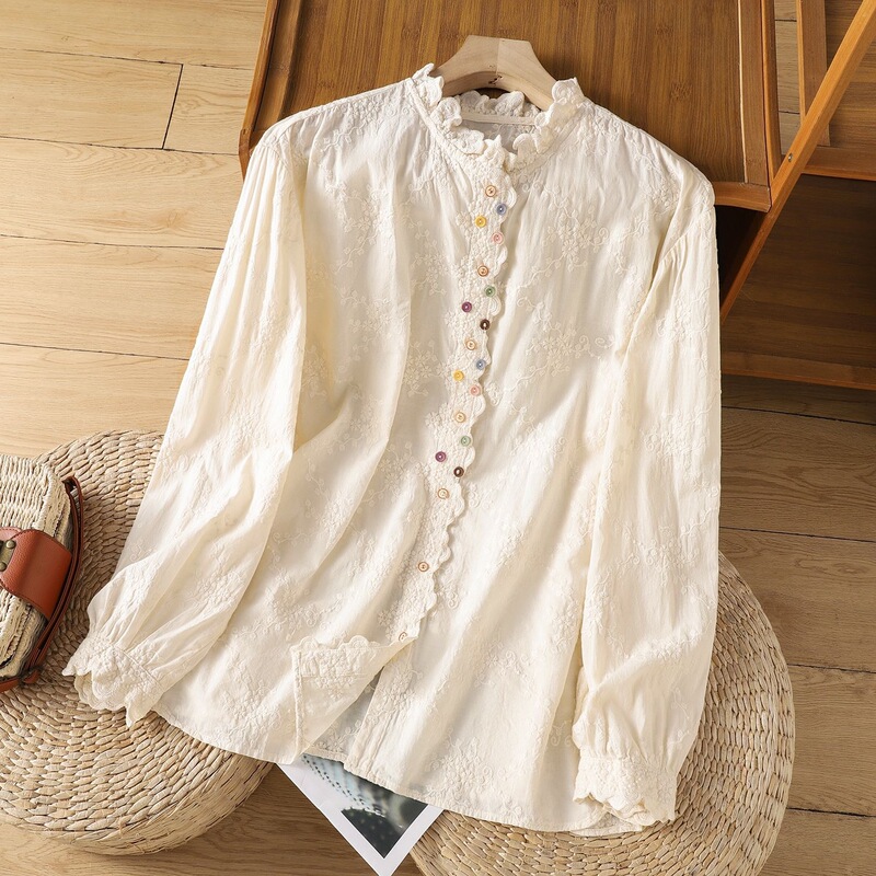 French-Style Vintage Lace Collar Embroidered Shirt for Women, 2026 Spring Mori-Style Artistic Colorful Button-Up Base Shirt Top