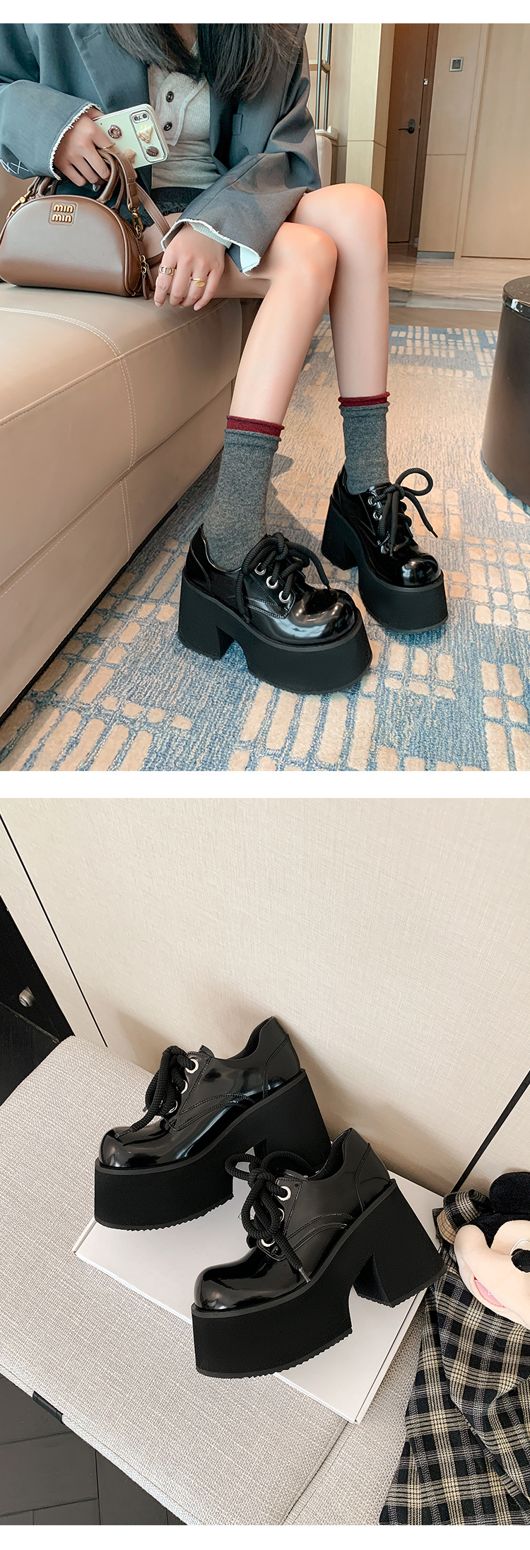 Giày loafer nữ gót vuông 10 cm đế platform dây buộc mũi sâu — màu đen chi tiết 18