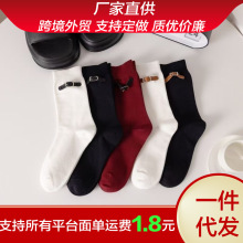 春秋ins安可拉红饰品袜子女中筒袜堆堆袜复古酒红棉袜跑步长筒袜