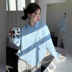 现货重磅美式复古polo领毛衣女秋冬内搭韩系蓝色麻花上衣针织衫潮
