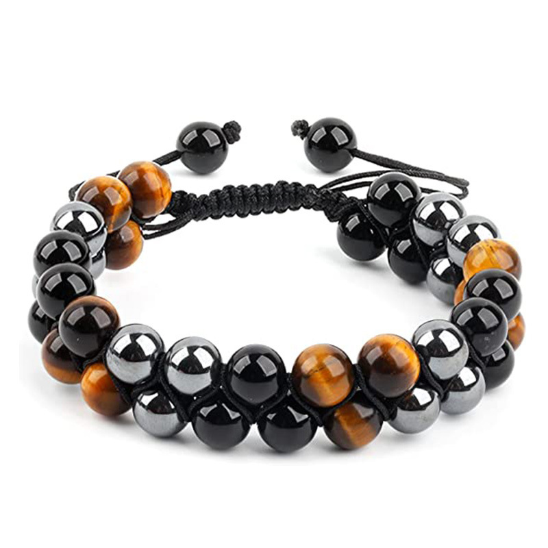 2026 New Style Double-Layer 8mm Tiger Eye Stone and Black Agate Bracelet, Hand-Woven Black Magnetic Stone Double-Row Bracelet for Men
