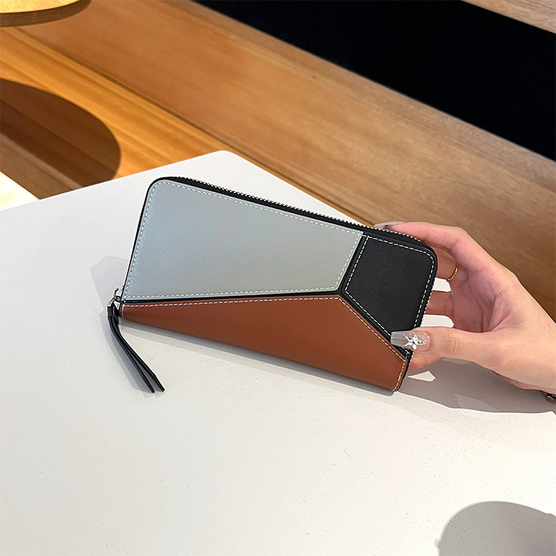 高級牛革衝突色レディース長財布2025新作大容量手持ちチャックバッグ本革配色シルバーバッグ|undefined