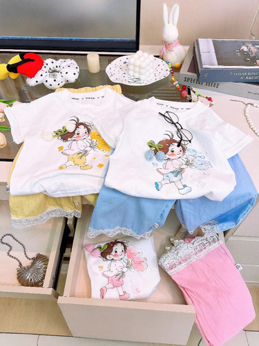 【Parent-child set】Summer pure cotton girls breathable 3D printed small flowers tulips A-class fashionable short-sleeved