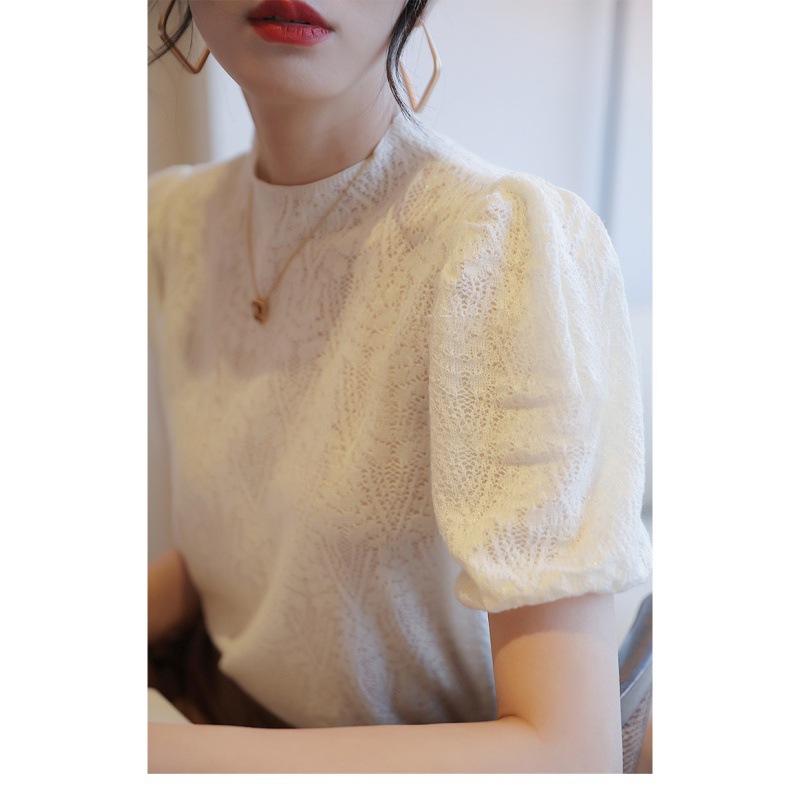 thumbnail for Thin knitted short sleeve women's summer design sense niche high-end chic shirt cutout French vintage puff sleeve top