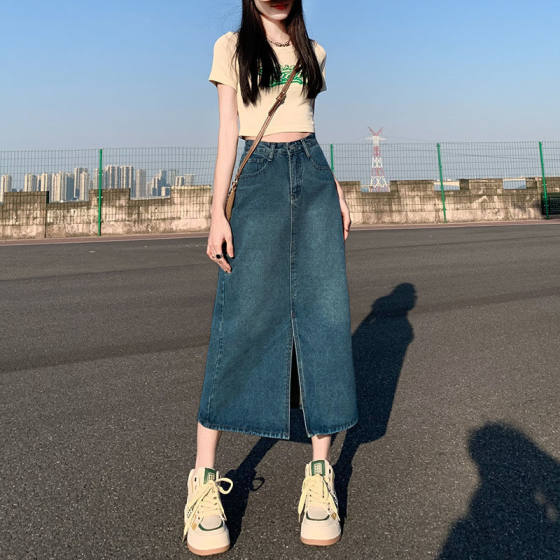 Niche Retro Blue Split Denim Skirt Women's A- line 2024 Spring and Summer New High Waist Slimming Mid-length Skirt