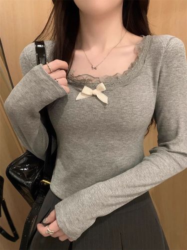 German lace edge V-neck T-shirt for women, autumn and winter inner layer base short sleeve top, apricot color