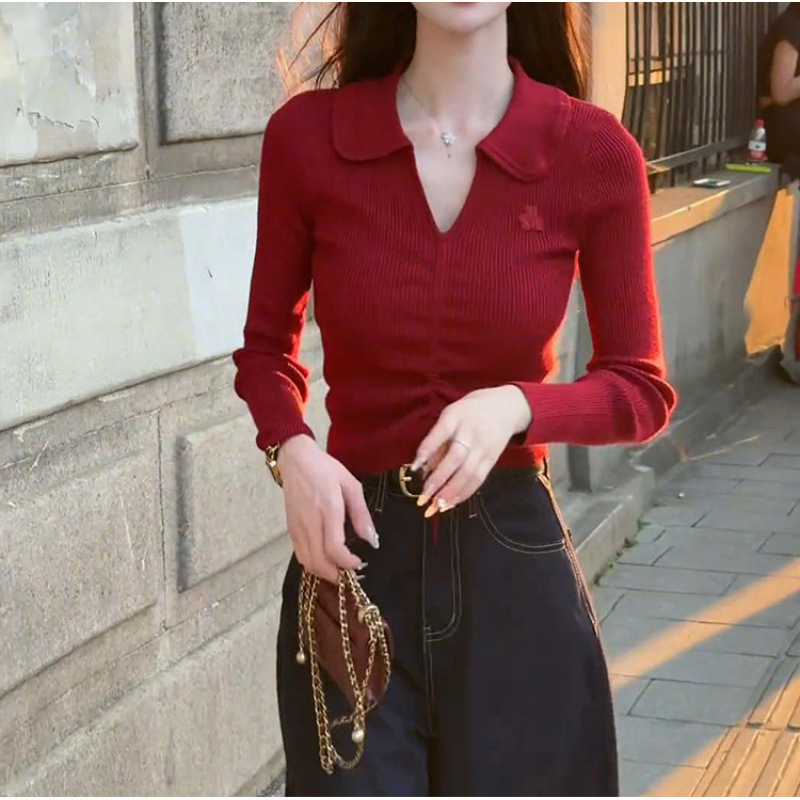 レッドウェア V ネックセーター女性のための 2024 新しい秋スリムフィット見栄えの良いトップ巾着長袖セーター|undefined