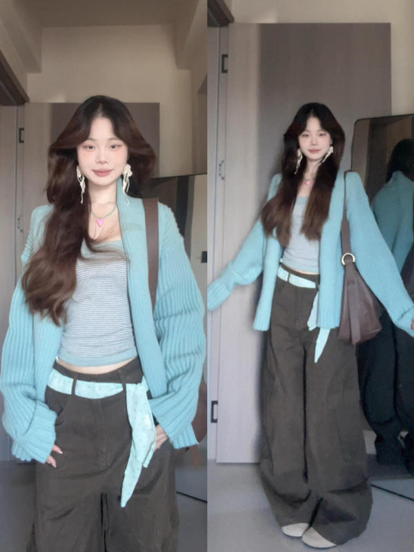 蓝色坑条毛衣女25秋季韩系chic慵懒高级感气质绝美减龄软糯外套|undefined