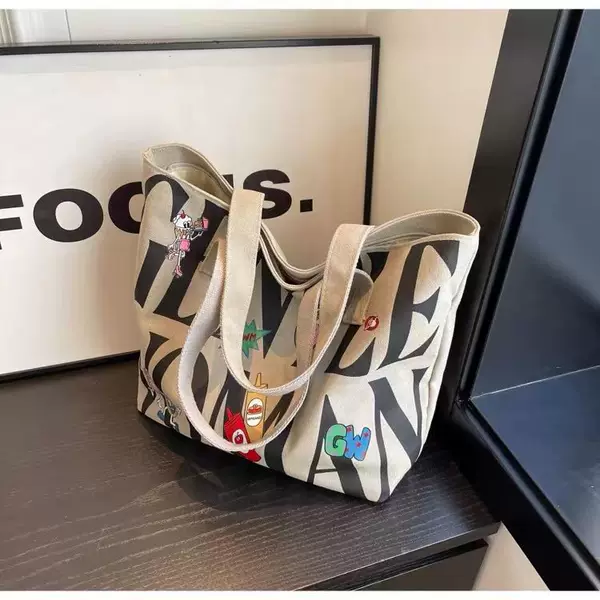 Cross-border Alphabet Canvas Bag Large Capacity 2024 New Mommy Pregnancy Test Handbag Commuter Shoulder Tote Bag