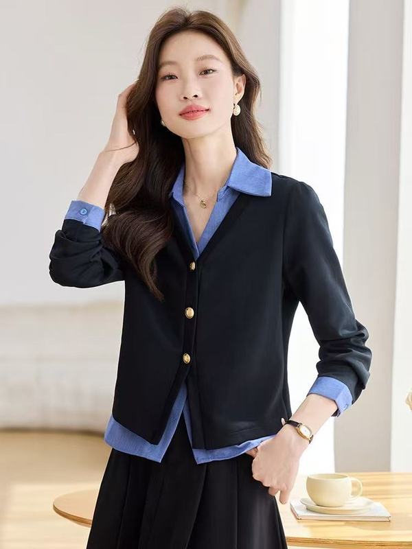 哥家商场同款女装2025秋季假两件拼接衬衫长袖高级感时尚气质上衣|undefined