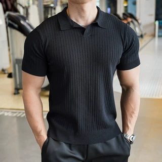轻熟风纯色polo衫男高级感坑条纹修身短袖商务休闲翻领t恤保罗衫