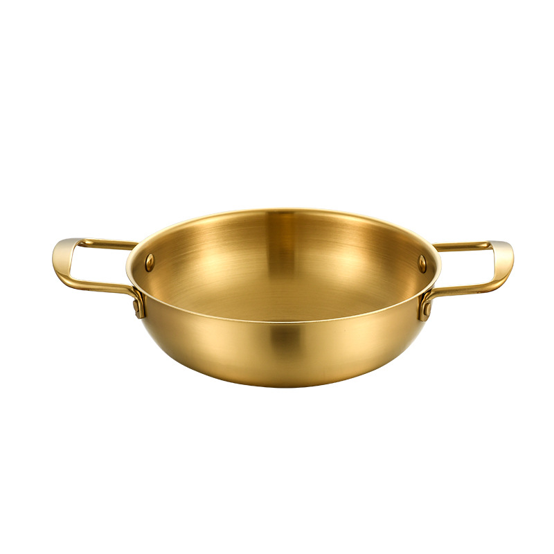 Olla para mariscos estilo coreano, olla para sopa de acero inoxidable, olla dorada para ramen, olla para fideos instantáneos, olla doméstica de cocina con doble asa, mini olla caliente estilo militar.